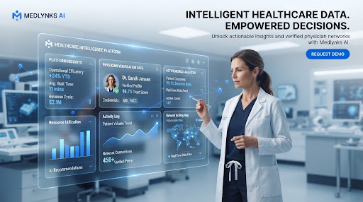 Premium Medstream AI healthcare intelligence hero visual mockup showing physician verification data and active medical analytics