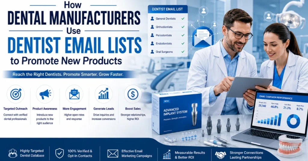 Dental manufacturers using targeted dentist email lists to promote new dental products through email marketing campaigns.
