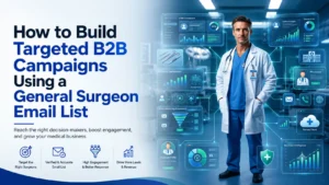 Healthcare marketing illustration showing a general surgeon with CRM dashboard and analytics for building targeted B2B campaigns using a General Surgeon Email List.