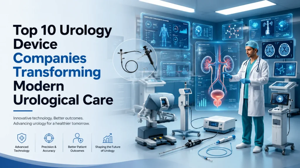 Illustration of the top 10 urology device companies showcasing advanced urology equipment, endoscopy systems, laser technology, and innovative medical devices for modern urological care.