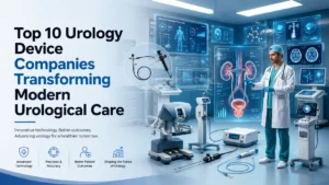 Illustration of the top 10 urology device companies showcasing advanced urology equipment, endoscopy systems, laser technology, and innovative medical devices for modern urological care.