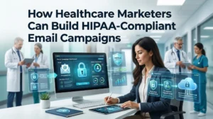 Healthcare marketer using a secure email campaign dashboard to create HIPAA-compliant email campaigns with encrypted data and protected patient information.
