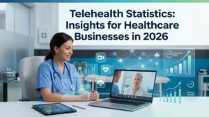 Telehealth statistics and healthcare business insights showing a healthcare professional using virtual care technology, digital health analytics, and telemedicine data.