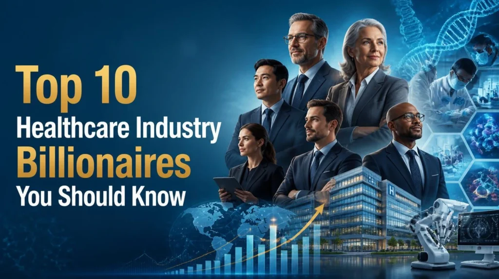 Top 10 Healthcare Industry Billionaires You Should Know, featuring fictional healthcare business leaders, medical research, biotechnology, digital health technology, and healthcare investment growth.