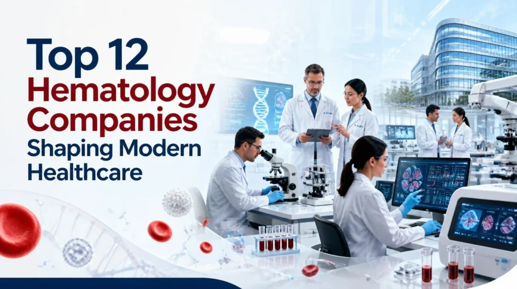 A professional blog banner titled "Top 12 Hematology Companies Shaping Modern Healthcare" featuring hematologists and researchers working in a high-tech laboratory with microscopes, blood samples, DNA graphics, red blood cells, diagnostic monitors, and advanced medical research equipment.