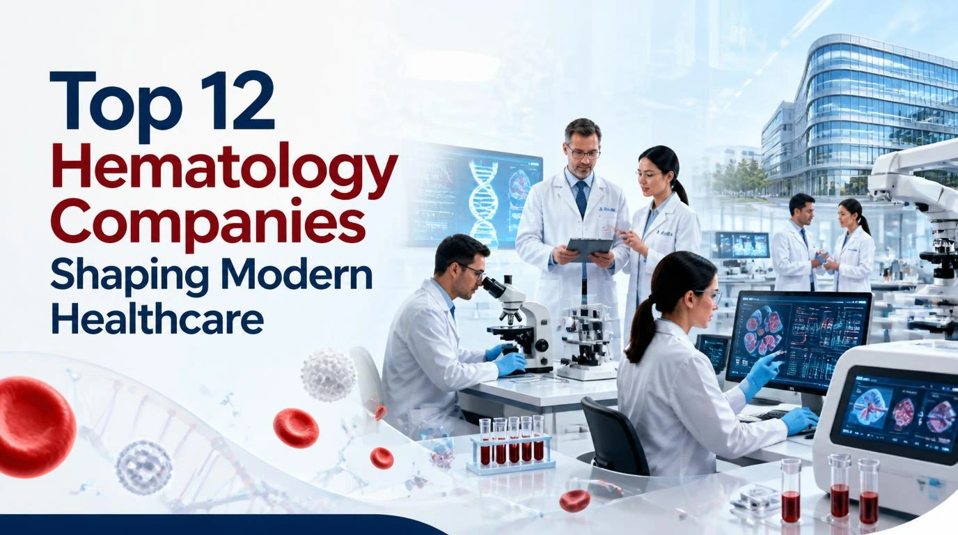 A professional blog banner titled "Top 12 Hematology Companies Shaping Modern Healthcare" featuring hematologists and researchers working in a high-tech laboratory with microscopes, blood samples, DNA graphics, red blood cells, diagnostic monitors, and advanced medical research equipment.
