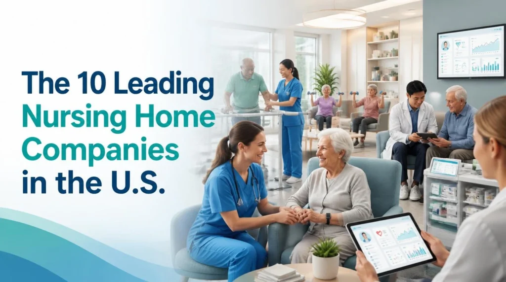 A professional blog banner titled "The 10 Leading Nursing Home Companies in the U.S." featuring nurses, caregivers, doctors, and elderly residents in a modern nursing home with digital healthcare technology.