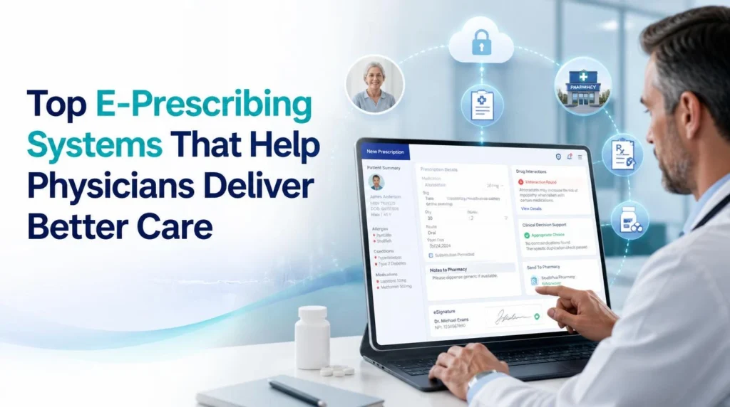 A professional blog banner titled "Top E-Prescribing Systems That Help Physicians Deliver Better Care" featuring a physician using an electronic prescribing system with digital patient records, medication information, drug interaction alerts, and pharmacy connectivity.