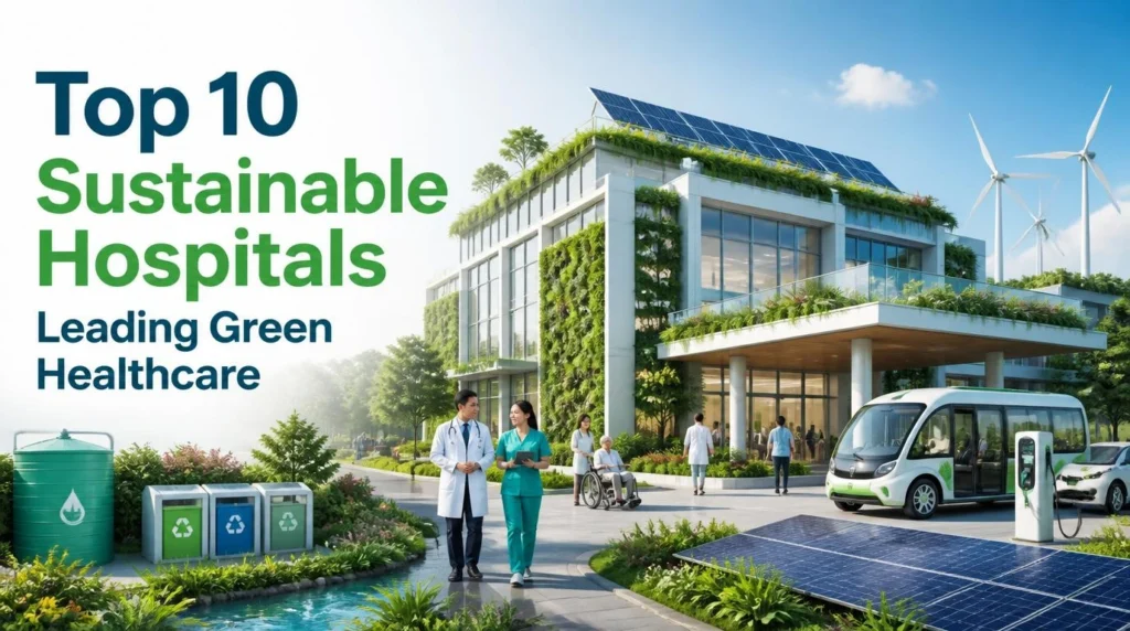 Top 10 Sustainable Hospitals Leading Green Healthcare, featuring an eco-friendly hospital with solar panels, wind turbines, rooftop gardens, recycling bins, water conservation, and electric vehicles.