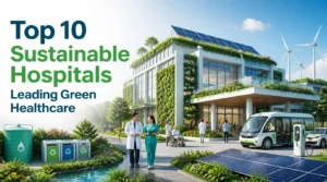Top 10 Sustainable Hospitals Leading Green Healthcare, featuring an eco-friendly hospital with solar panels, wind turbines, rooftop gardens, recycling bins, water conservation, and electric vehicles.