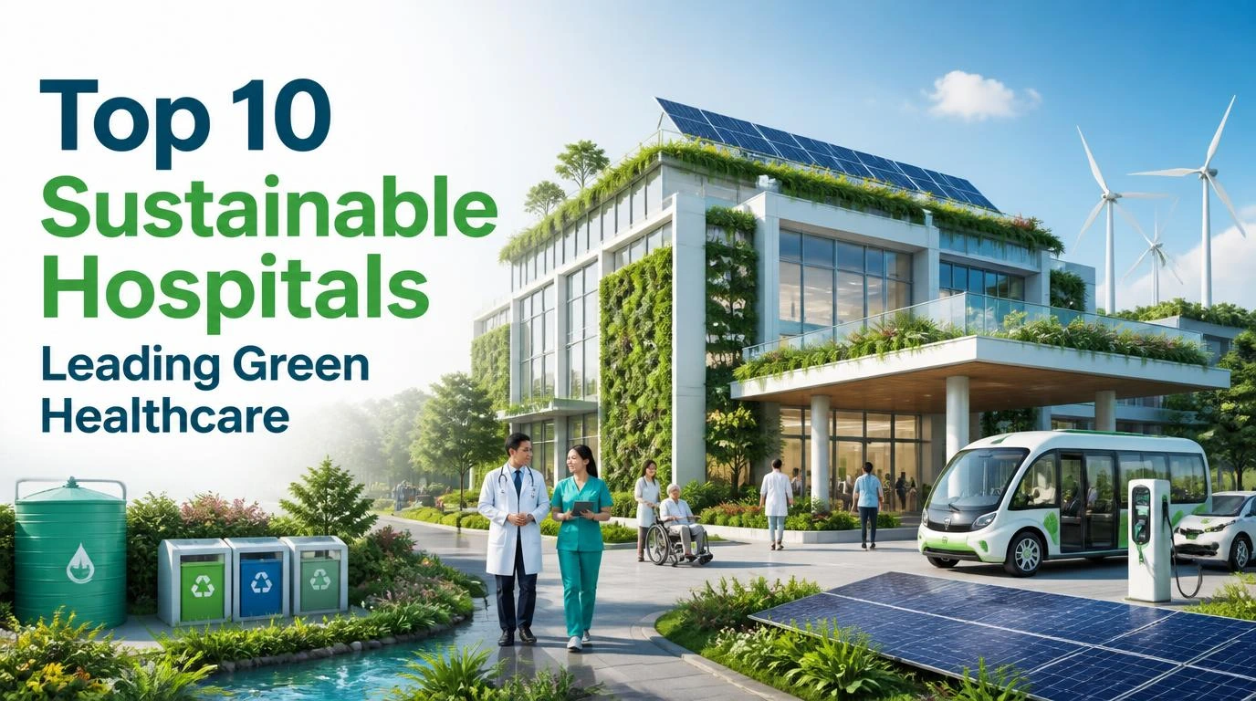 Top 10 Sustainable Hospitals Leading Green Healthcare, featuring an eco-friendly hospital with solar panels, wind turbines, rooftop gardens, recycling bins, water conservation, and electric vehicles.