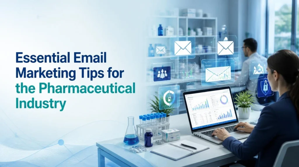 Essential Email Marketing Tips for the Pharmaceutical Industry, featuring pharmaceutical professionals, email campaign analytics, digital marketing tools, and secure healthcare communication.