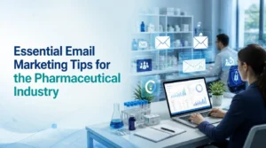 Essential Email Marketing Tips for the Pharmaceutical Industry, featuring pharmaceutical professionals, email campaign analytics, digital marketing tools, and secure healthcare communication.