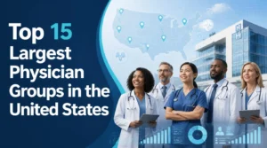 Top 15 Largest Physician Groups in the United States, featuring physicians, a U.S. healthcare map, hospital, and medical analytics.