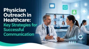 Physician outreach in healthcare with doctors and healthcare professionals using digital communication and engagement tools.