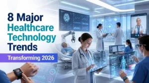 8 major healthcare technology trends transforming 2026, featuring AI, robotics, telehealth, remote monitoring, wearable devices, and digital health solutions.