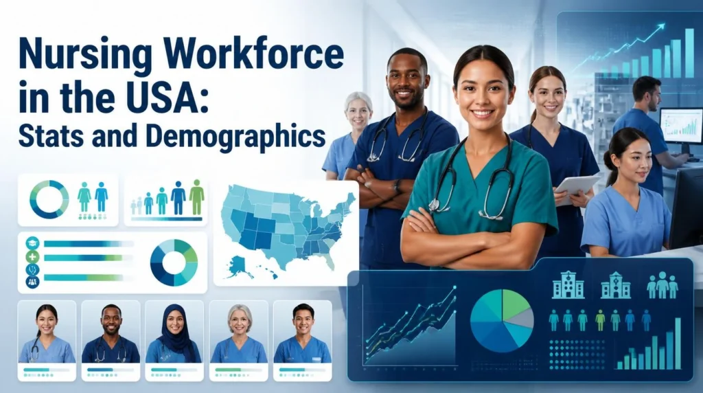 Nursing workforce in the USA showing nurses, U.S. workforce data, demographic charts, and nursing statistics by location and population.