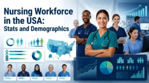 Nursing workforce in the USA showing nurses, U.S. workforce data, demographic charts, and nursing statistics by location and population.