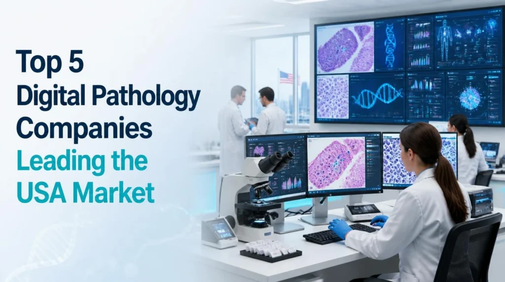 Top 5 Digital Pathology Companies Leading the USA Market, featuring pathologists analyzing digital tissue images, medical slides, and AI-powered diagnostic data in a modern laboratory.