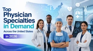 Top physician specialties in demand across the United States in 2026, featuring doctors and healthcare professionals.