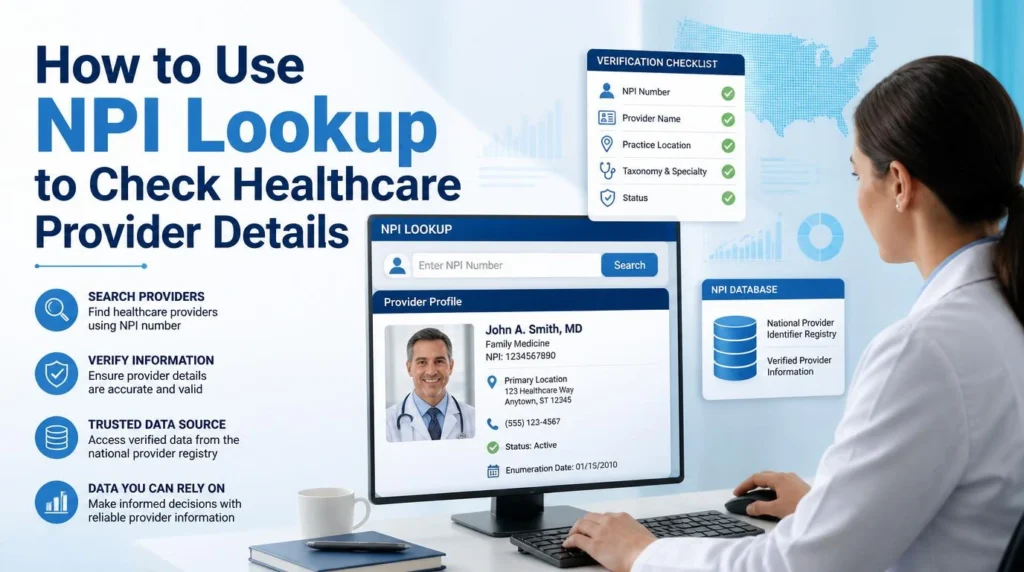 NPI Lookup tool showing how to search and verify healthcare provider details, including NPI number, provider name, practice location, specialty, and status.