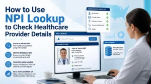 NPI Lookup tool showing how to search and verify healthcare provider details, including NPI number, provider name, practice location, specialty, and status.