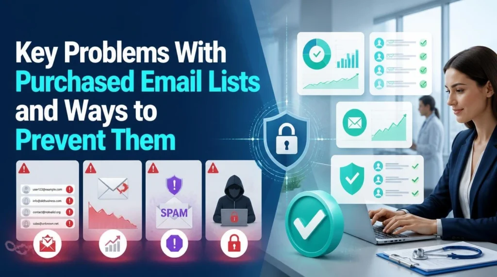 Problems with purchased email lists, showing invalid contacts, spam warnings, falling email results, data-security risks, and verified email-list management.